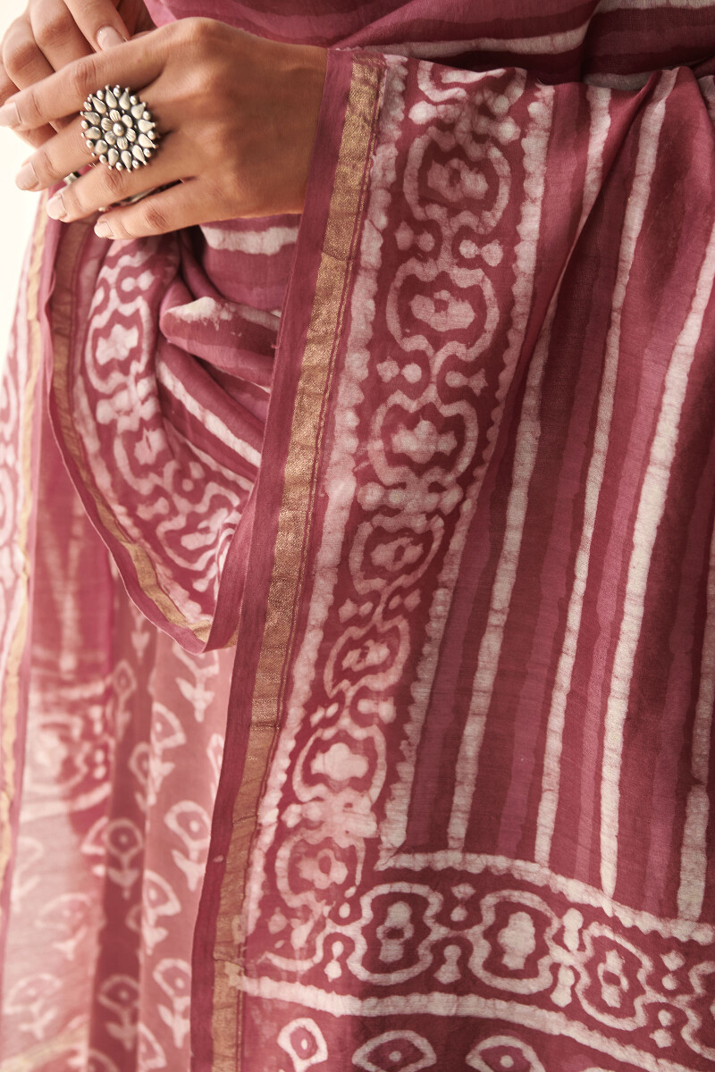 Pink Hand Block Printed Chanderi Dupatta