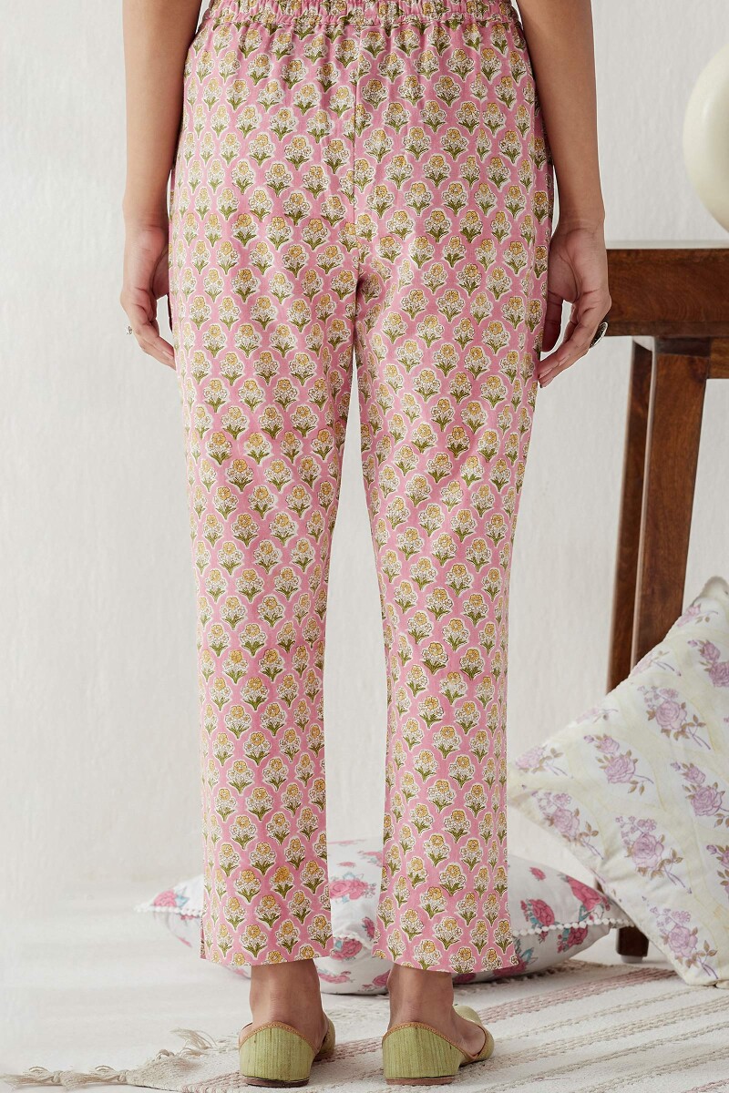 Pink Hand Block Printed Cotton Flax Narrow Pants