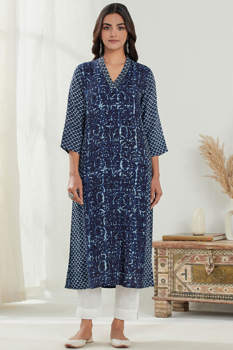 Indigo Hand Block Printed Straight Modal Kurta