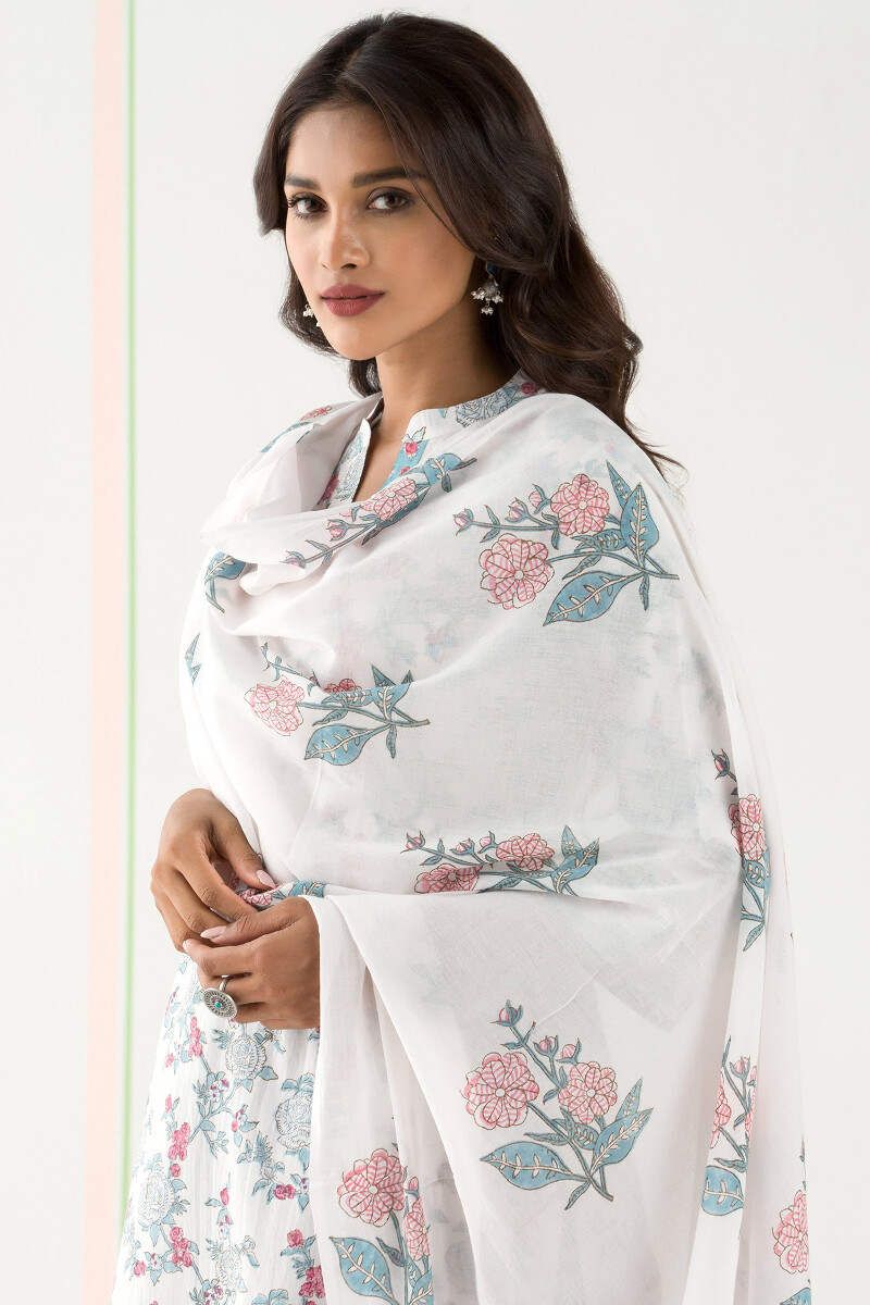 White Hand Block Printed Cotton Dupatta