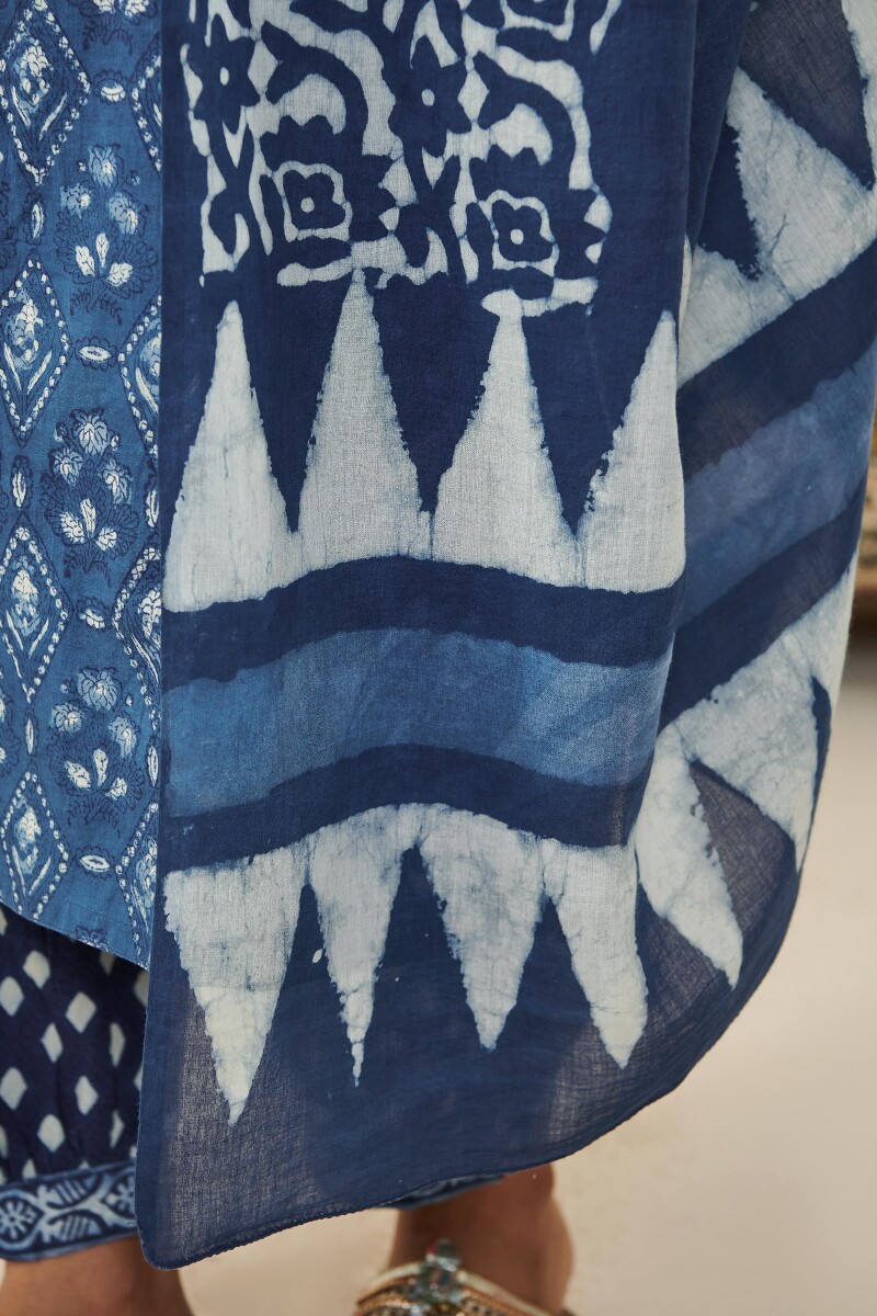 Indigo Hand Block Printed Cotton Mul Dupatta