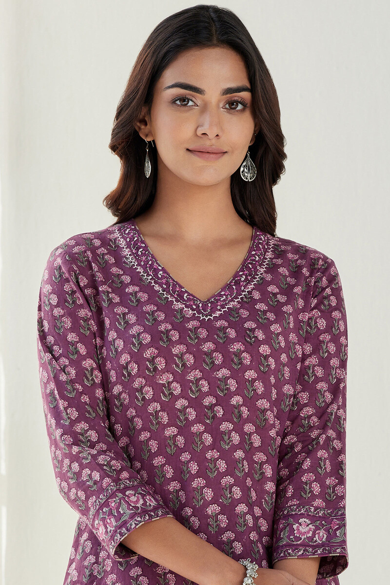 Purple Hand Block Printed Straight Cotton Slub Kurta