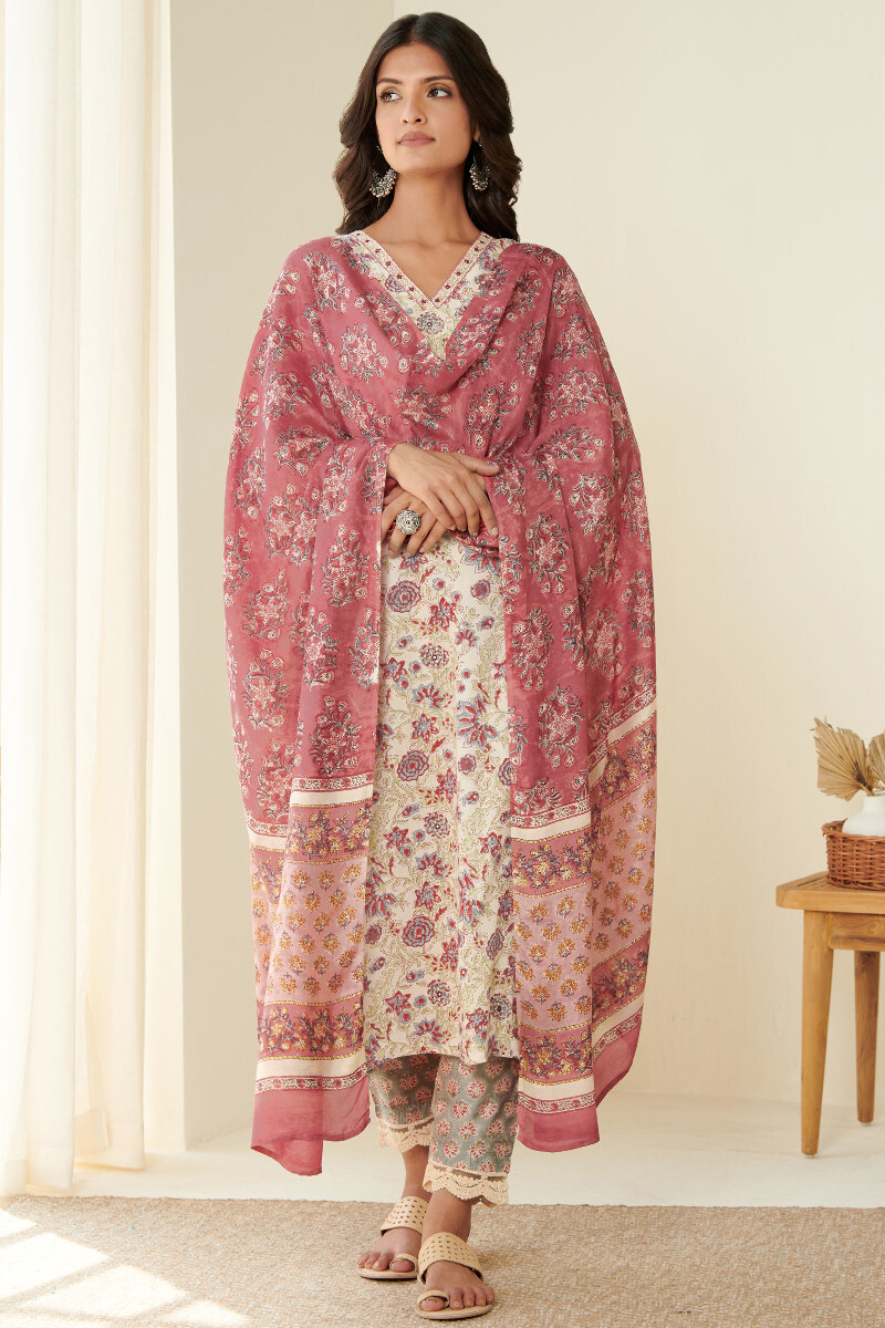 Peach Hand Block Printed Modal Dupatta