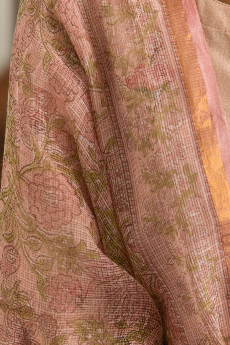 Peach Hand Block Printed Kota Dupatta