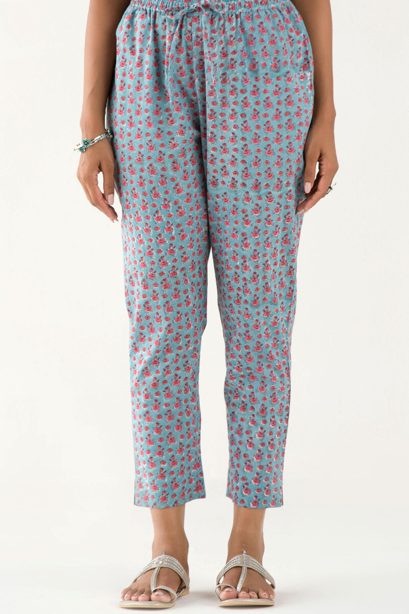 Turquoise Hand Block Printed Cotton Narrow Pants