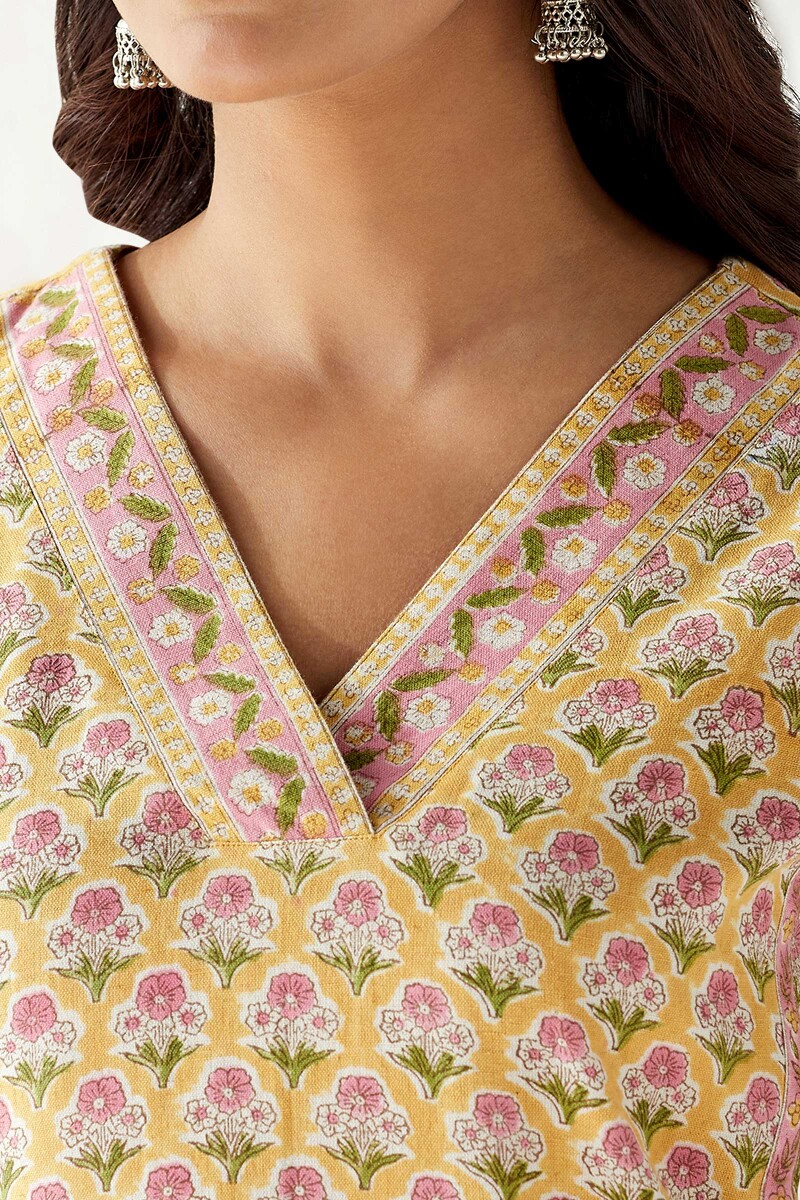 Yellow Hand Block Printed Straight Cotton Flax Kurta