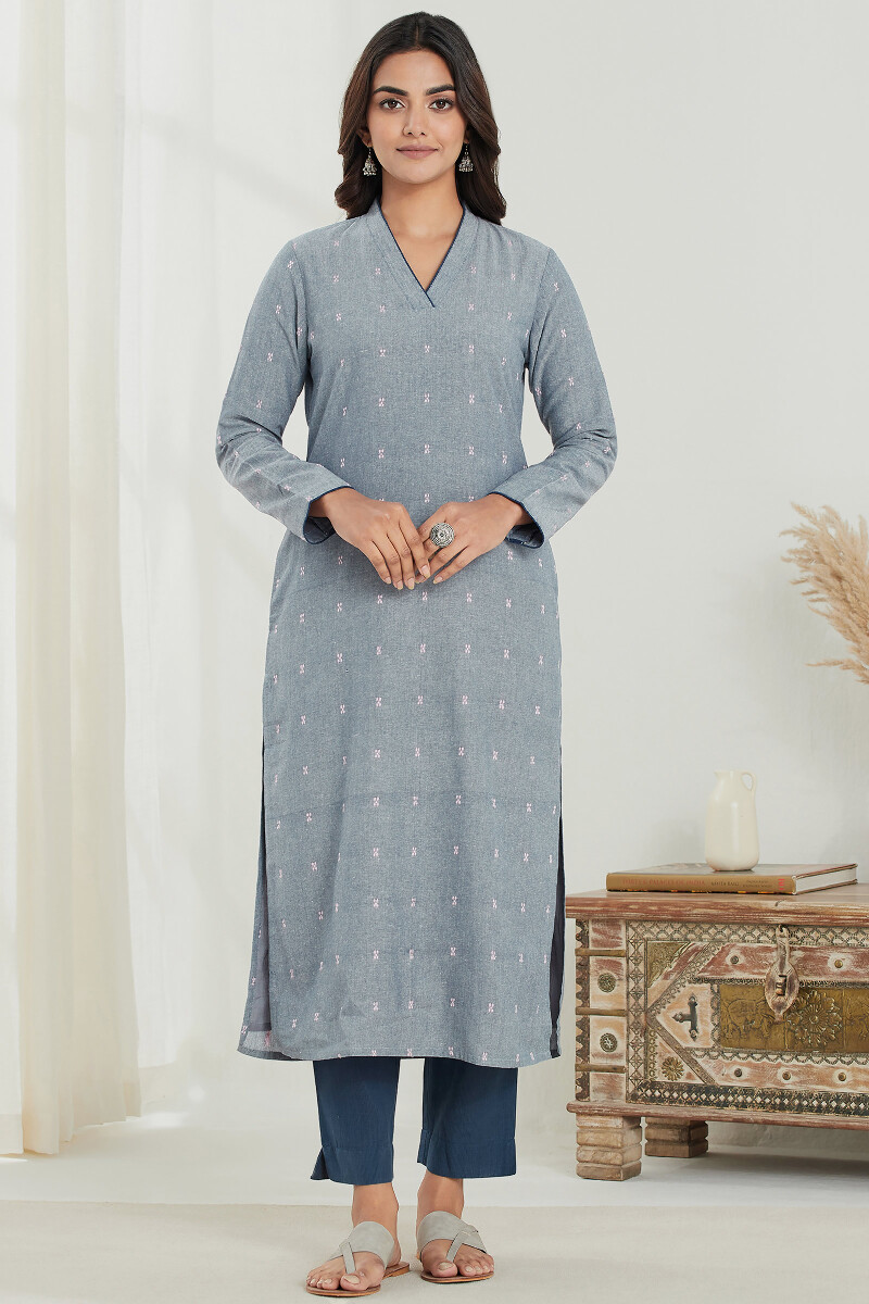 Blue Handcrafted Straight Handloom Kurta