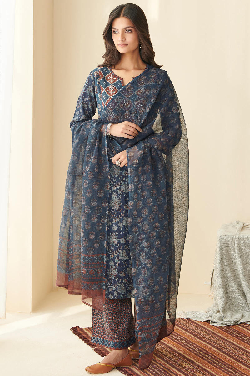 Indigo Hand Block Printed Kota Dupatta