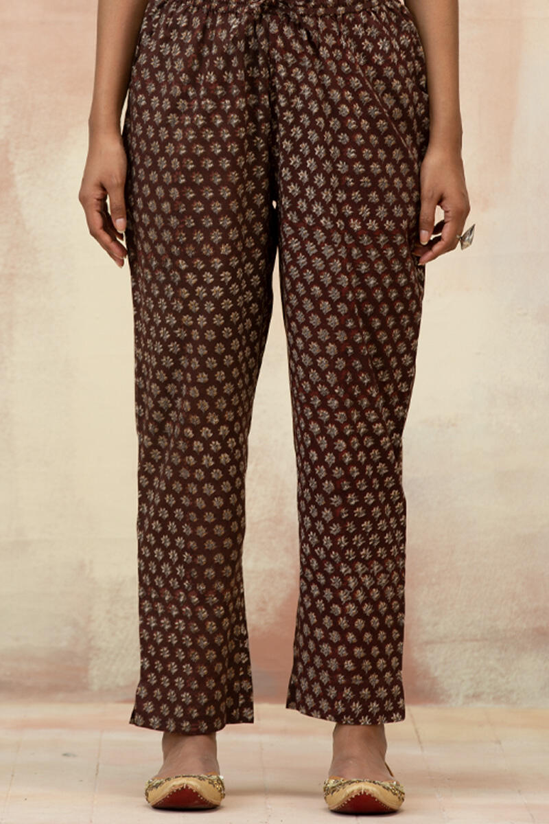 Maroon Block Printed Cotton Narrow Pants