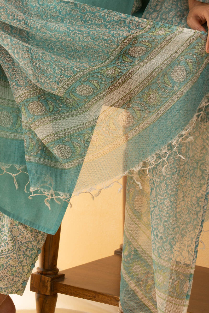 Blue Block Printed Kota Dupatta