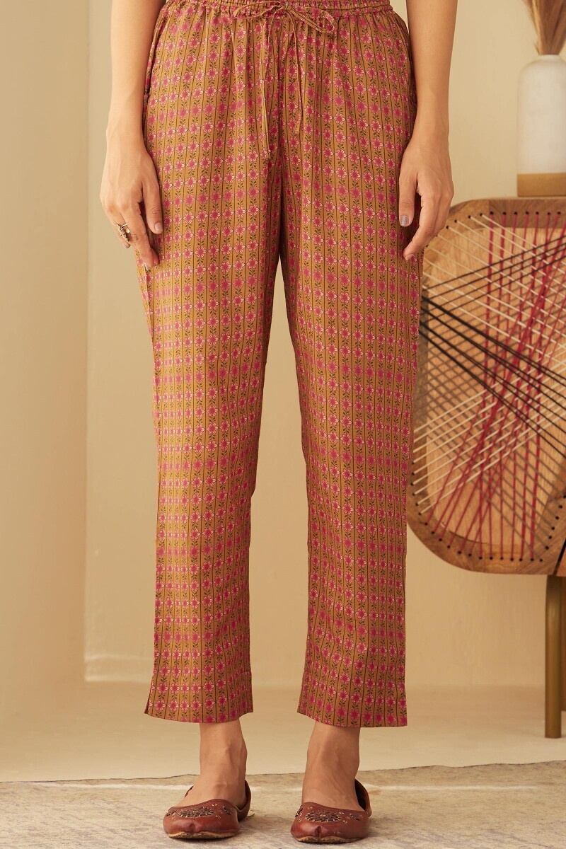 Mustard Printed Cotton Narrow Pants