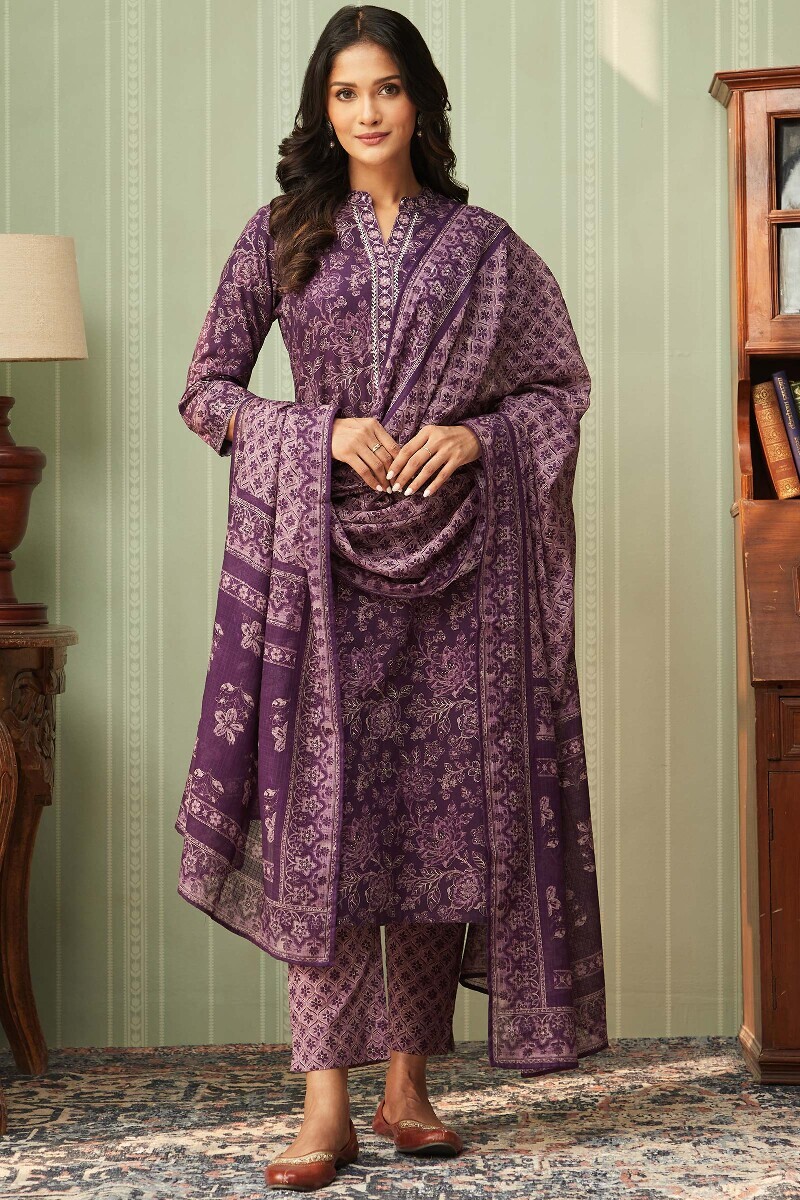 Purple Printed Straight Cotton Kurta