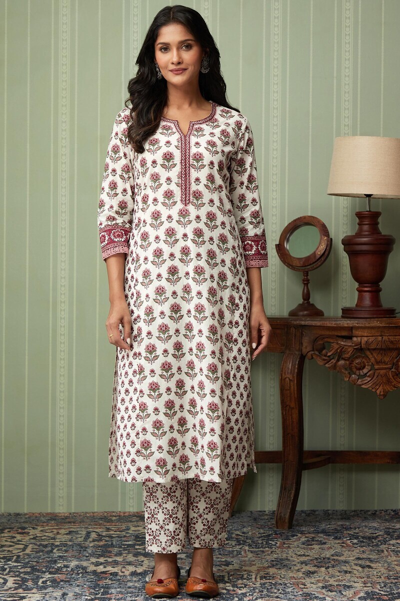 Off-White Hand Printed Straight Cotton Kurta