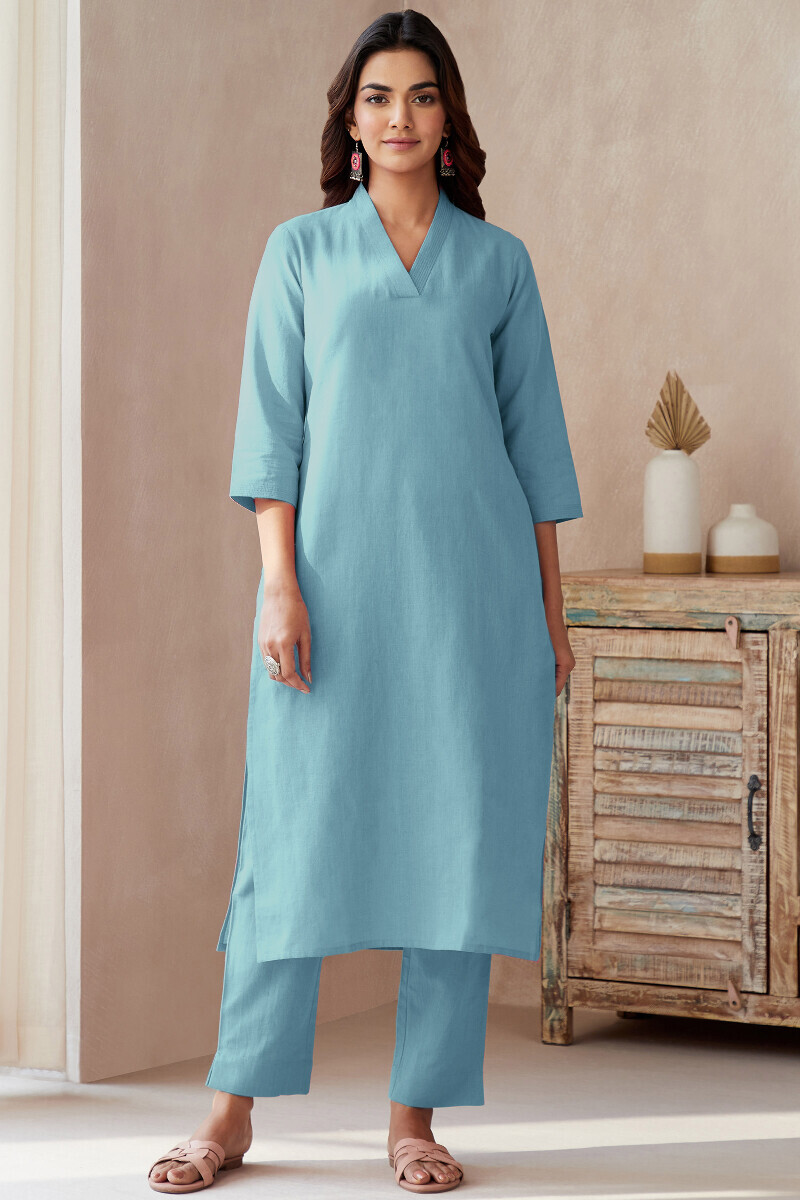 Blue Handcrafted Straight Cotton Flax Kurta