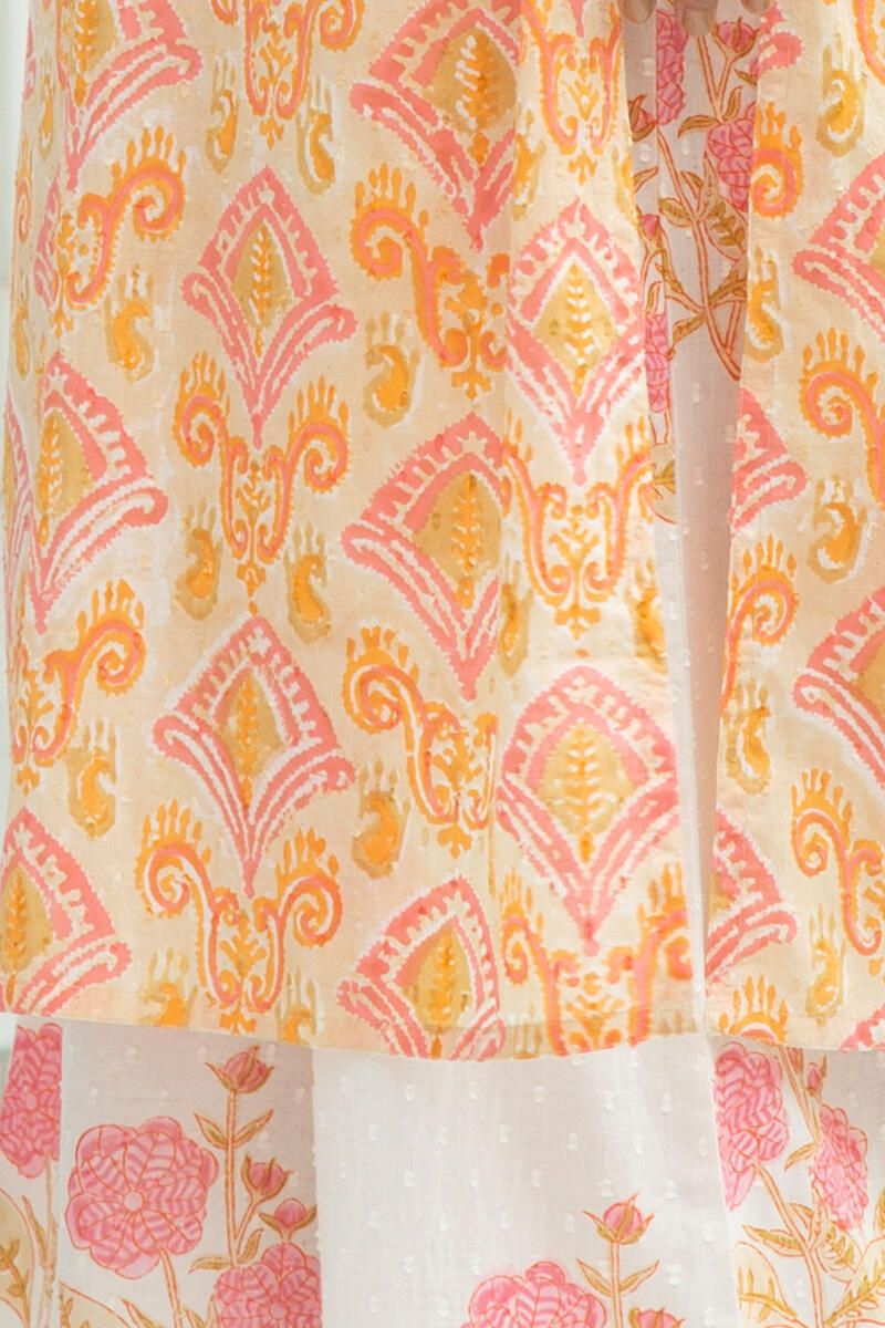 Orange Block Printed Straight Cotton Dobby Kurta