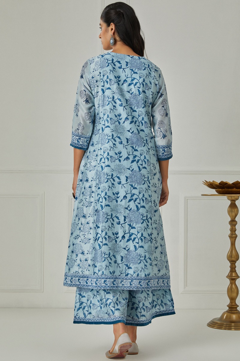 Blue Block Printed A-Line Chanderi Kurta