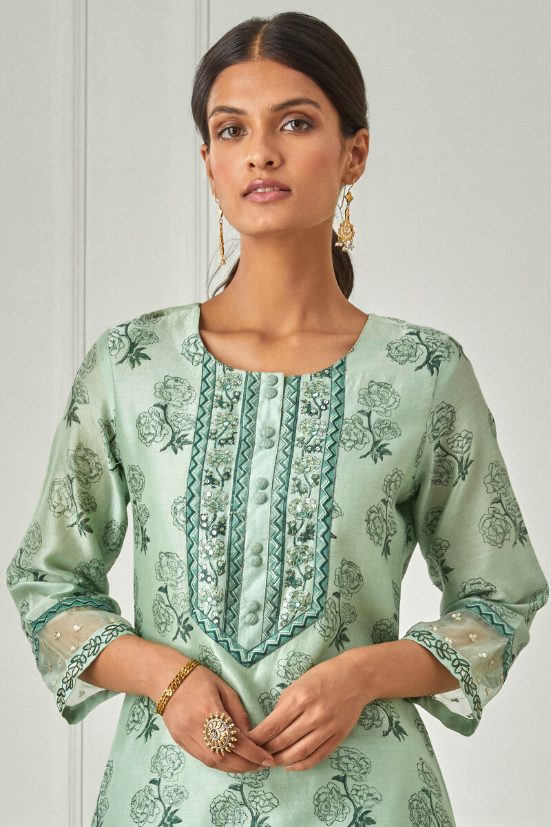 Green Block Printed Straight Chanderi Kurta