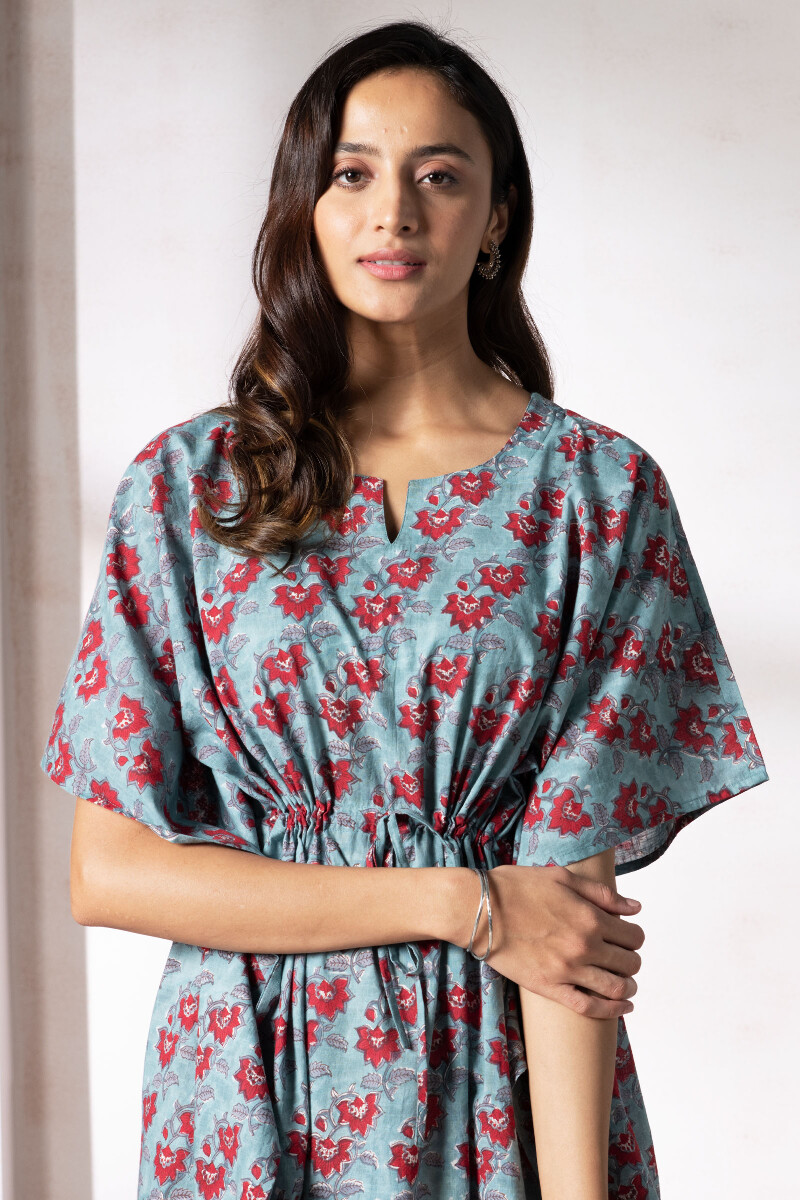 Turquoise Block Printed Cotton Kaftan