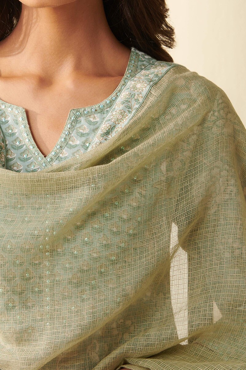 Green Hand Block Printed Kota Dupatta