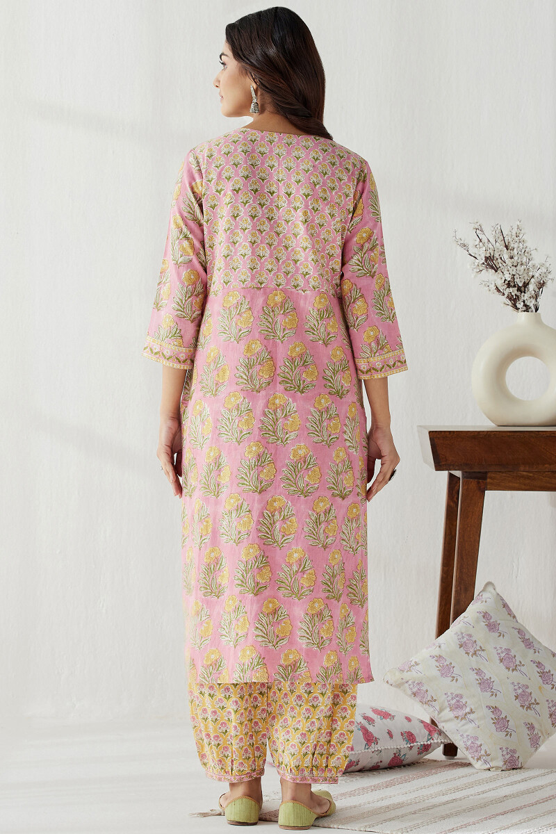 Pink Hand Block Printed Straight Cotton Flax Kurta