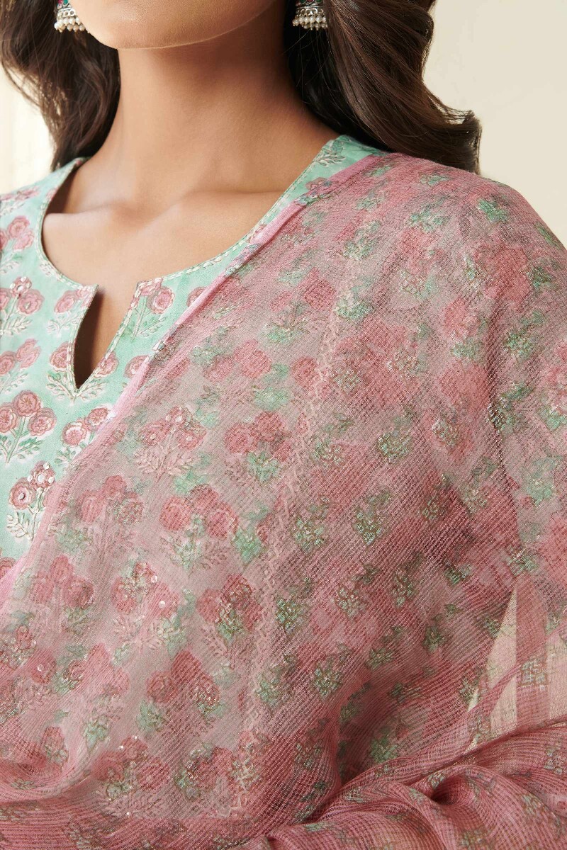 Pink Hand Block Printed Kota Dupatta