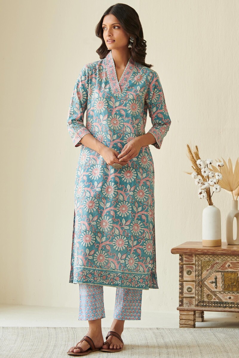 Blue Block Printed Straight Cotton Kurta