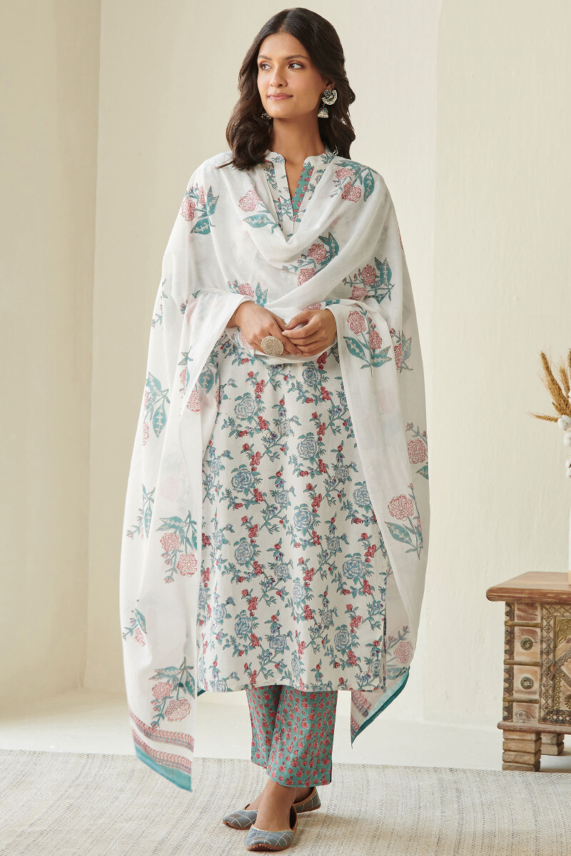 White Block Printed Cotton Dupatta