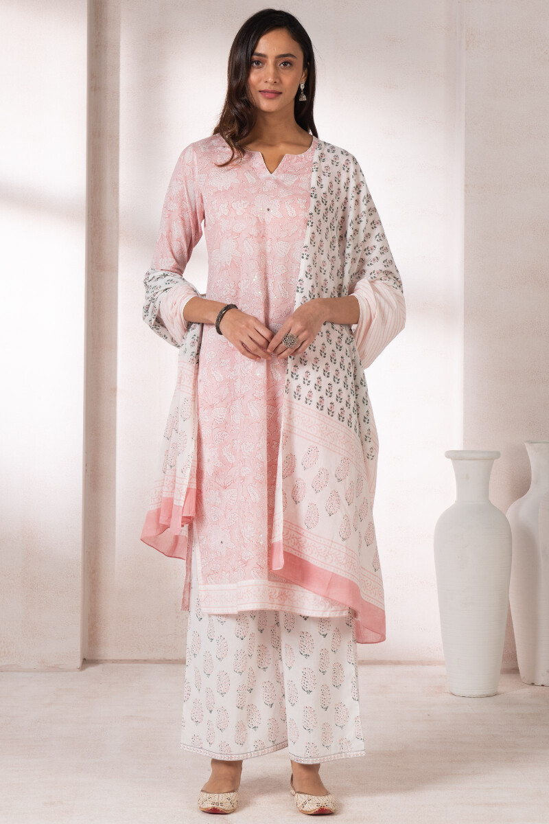 Peach Block Printed Straight Cotton Kurta