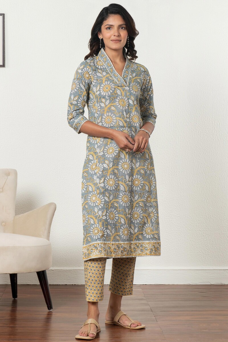 Grey Block Printed Straight Cotton Kurta