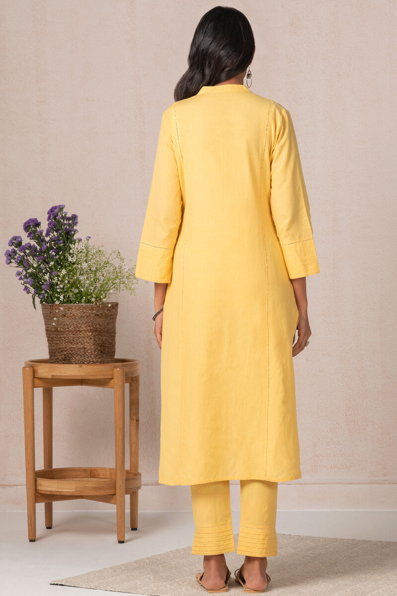 Yellow Handcrafted Straight Cotton Kurta