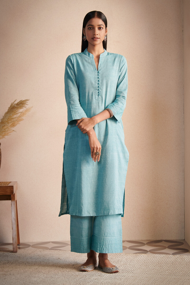 Blue Handcrafted Straight Cotton Kurta