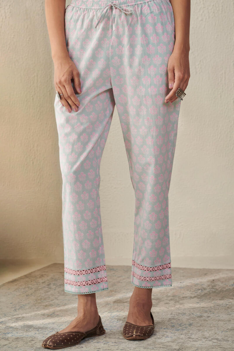 Pink Block Printed Cotton Narrow Pants