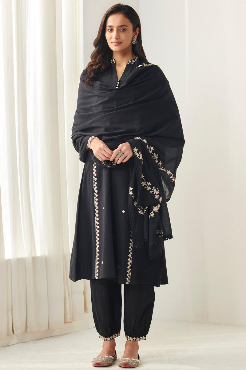 Black Handcrafted A-Line Cotton Kurta