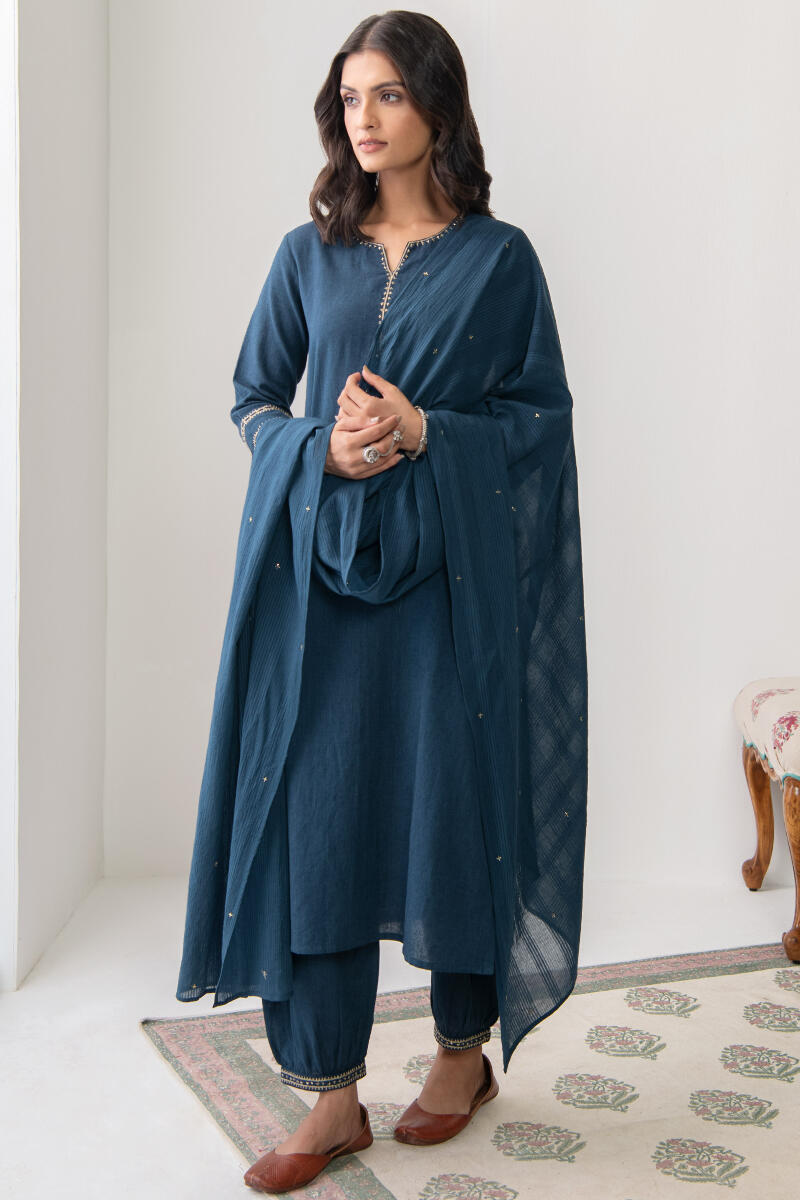 Blue Handcrafted Straight Cotton Kurta