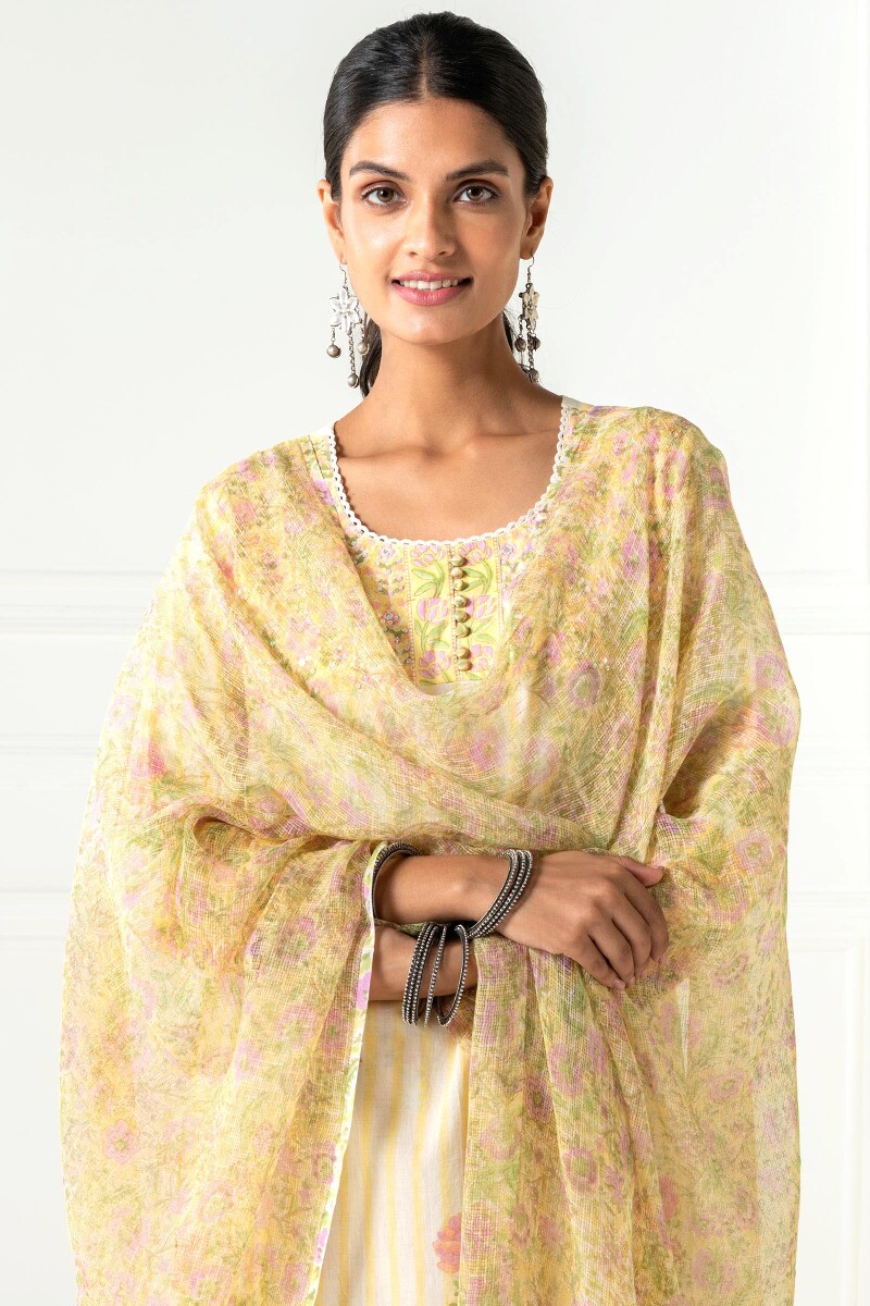 Yellow Block Printed Kota Dupatta