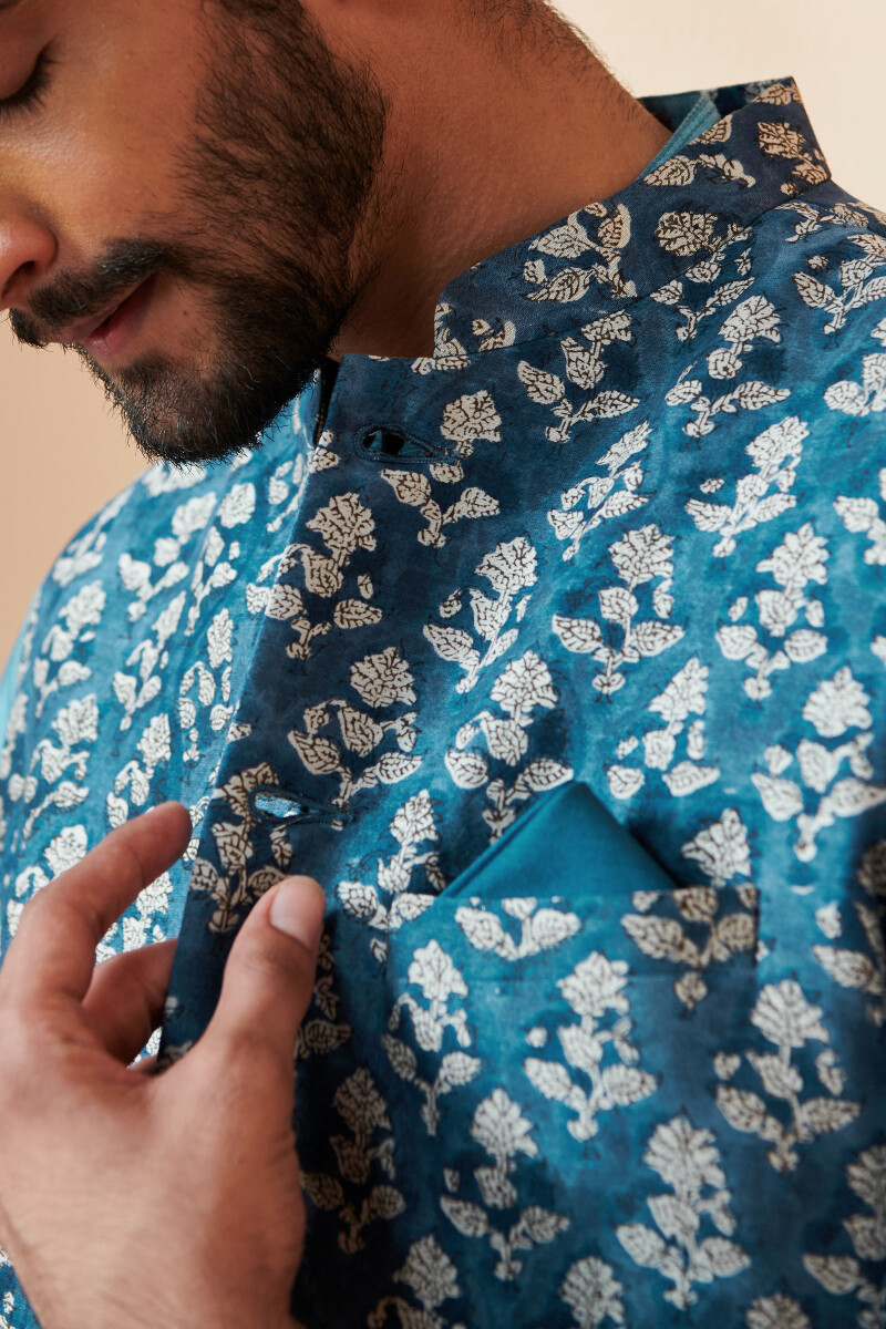 Blue Hand Block Printed Chanderi Nehru Jacket