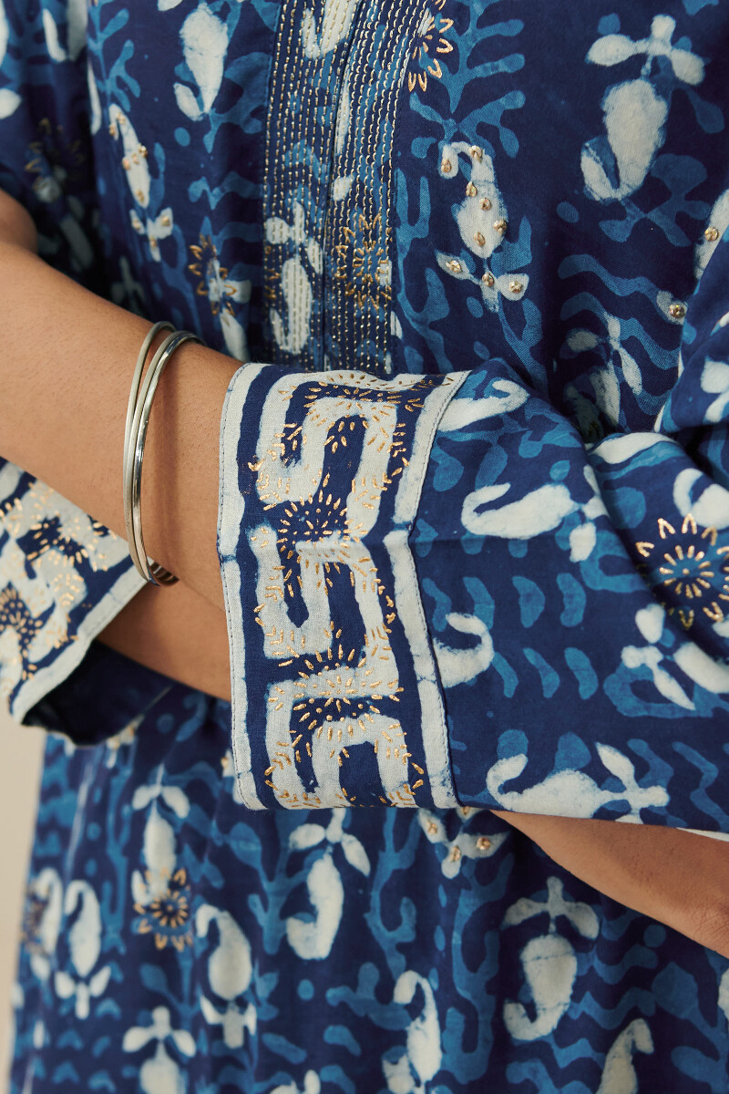 Indigo Hand Block-Printed Straight Viscose Kurta