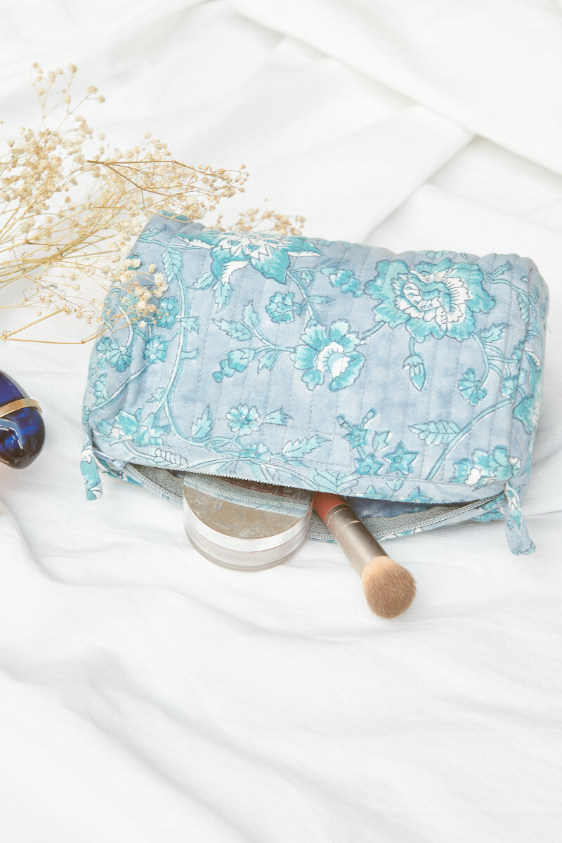 Blue Hand Block-Printed Cotton Vanity Pouch