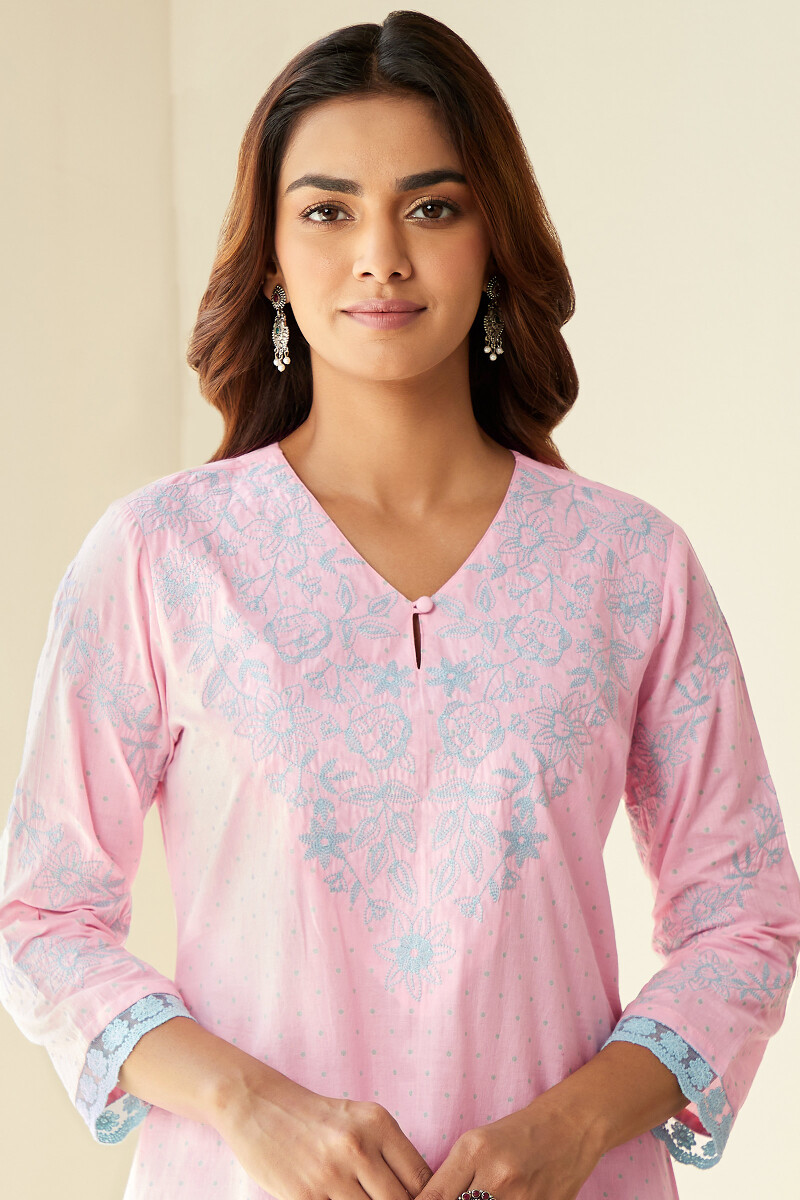 Pink Hand Printed Straight Cotton Kurta