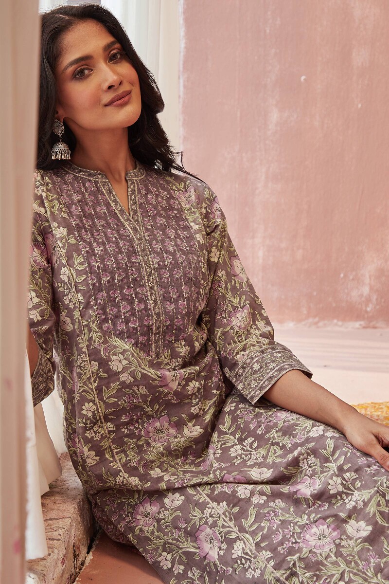 Brown Hand Block-Printed Straight Cotton Kurta