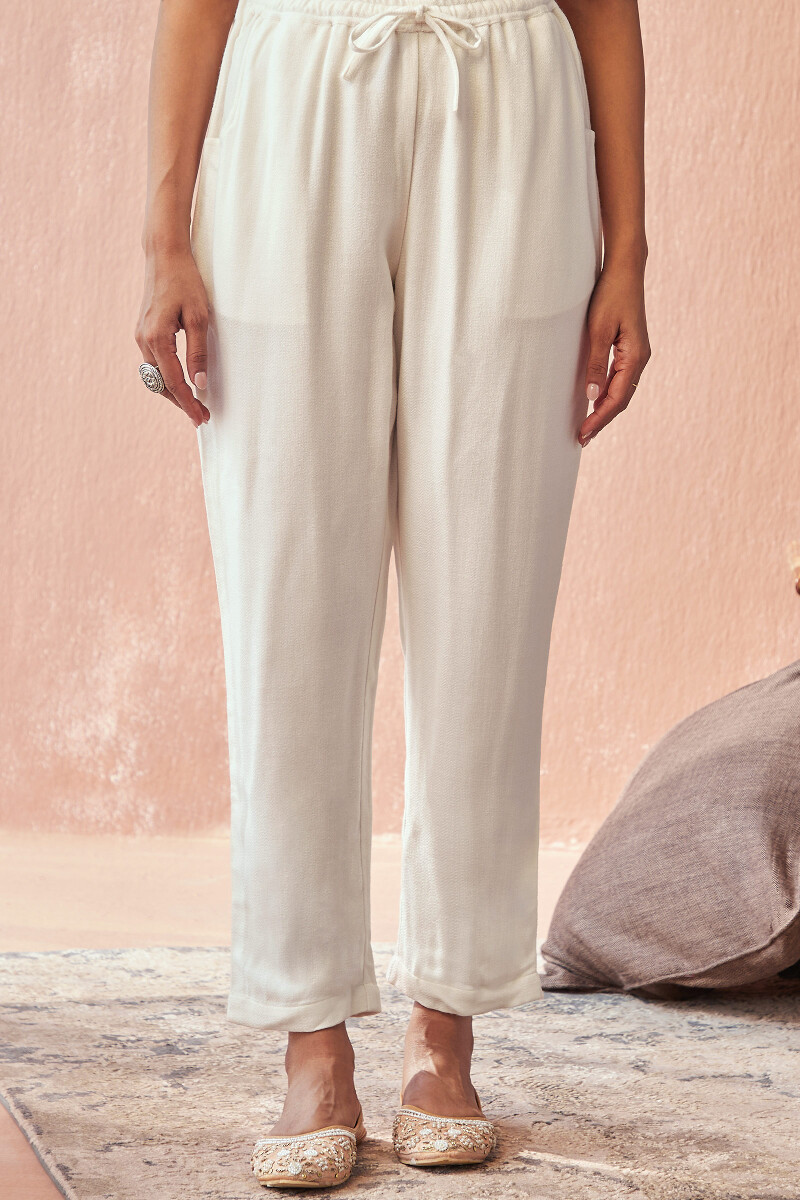 White Handcrafted Faux Wool Narrow Pants