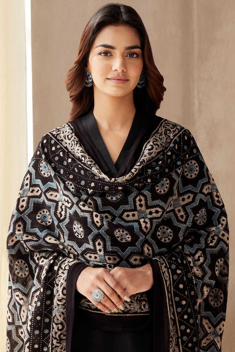 Black Hand Block Printed Cotton Dupatta