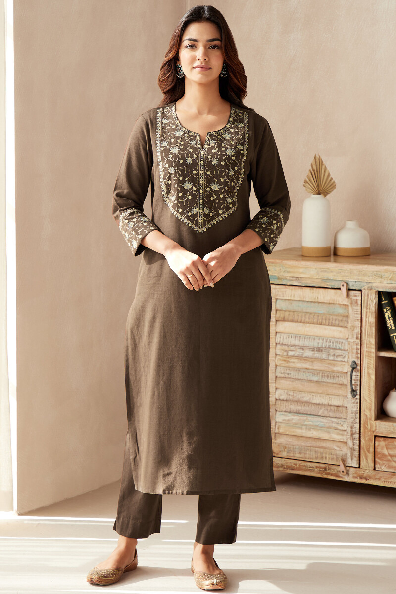 Brown Handcrafted Straight Cotton Kurta