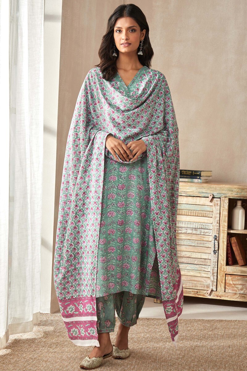 Green Hand Block-Printed Straight Viscose Kurta