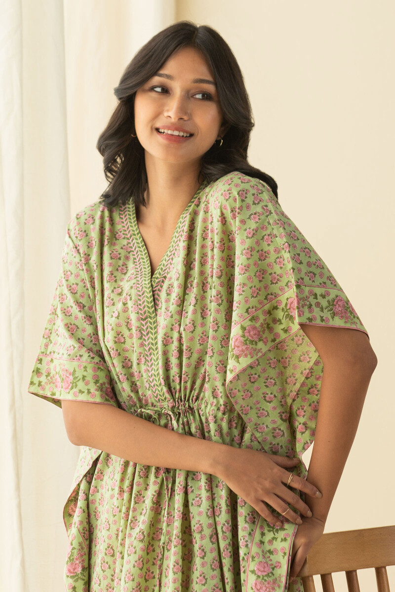 Green Hand Block-Printed Cotton Mul Kaftan