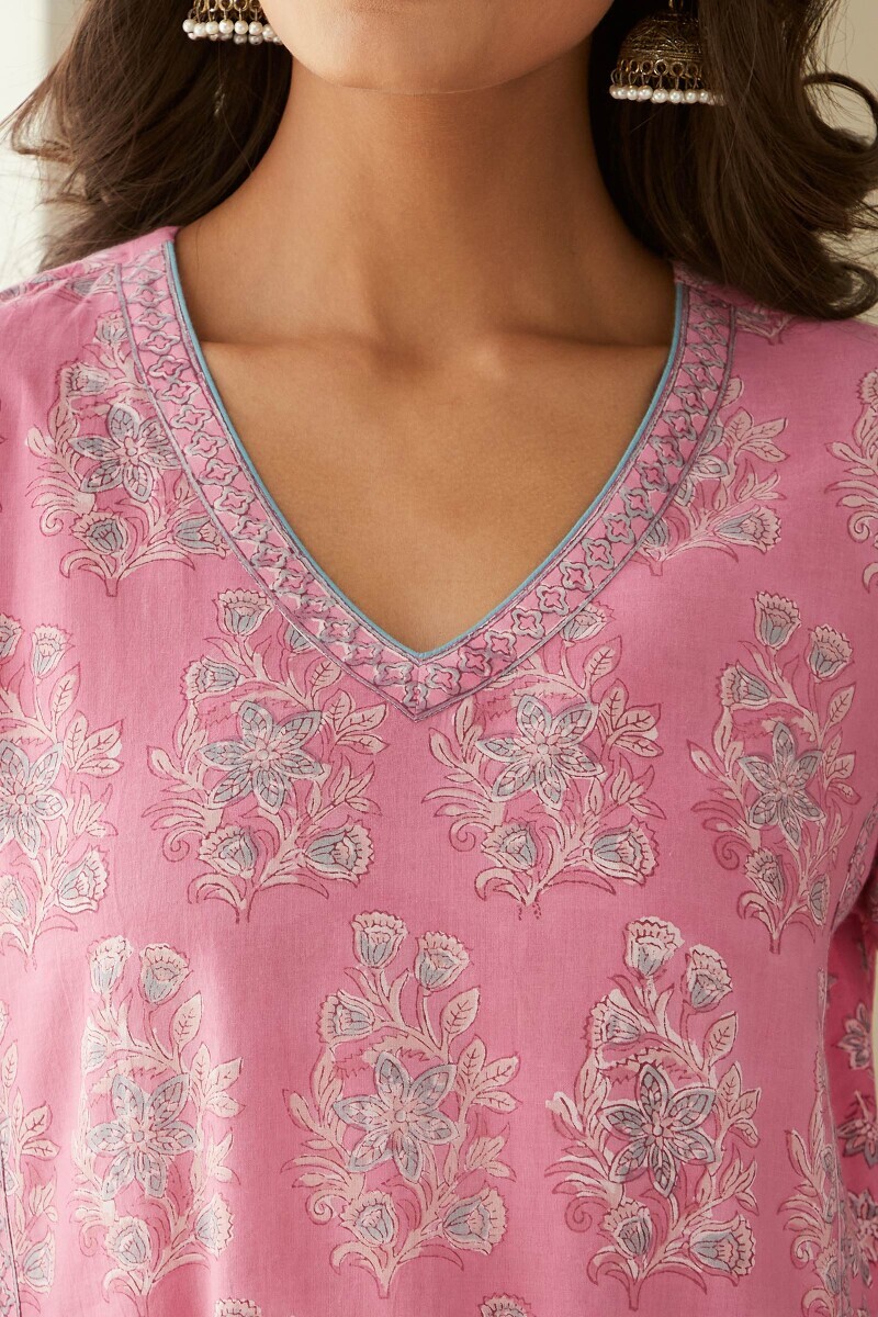 Pink Hand Block-Printed Straight Cotton Kurta