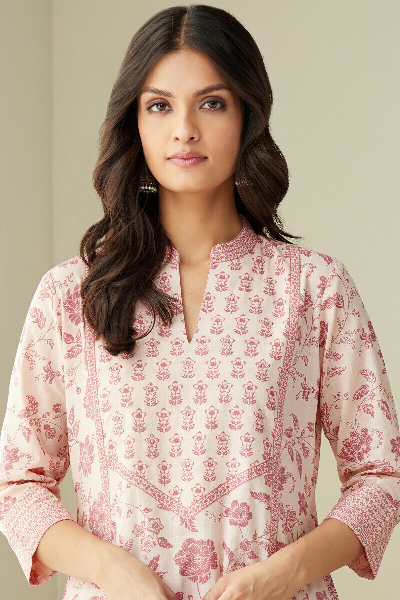 Pink Hand Printed Straight Cotton Slub Kurta