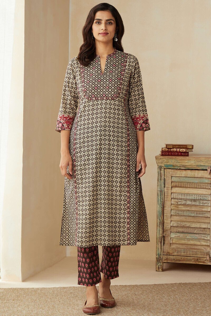 Brown Hand Printed Straight Cotton Kurta