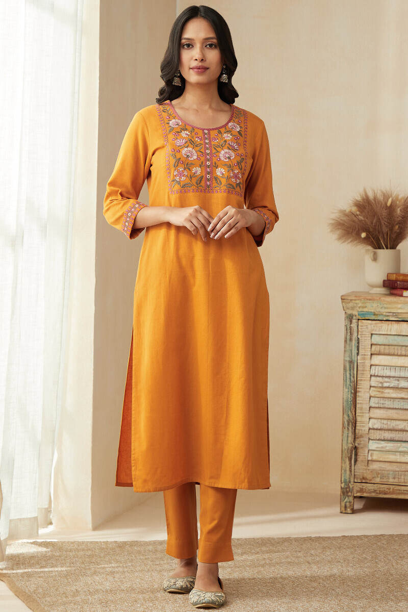 Mustard Handcrafted Straight Cotton Flax Kurta