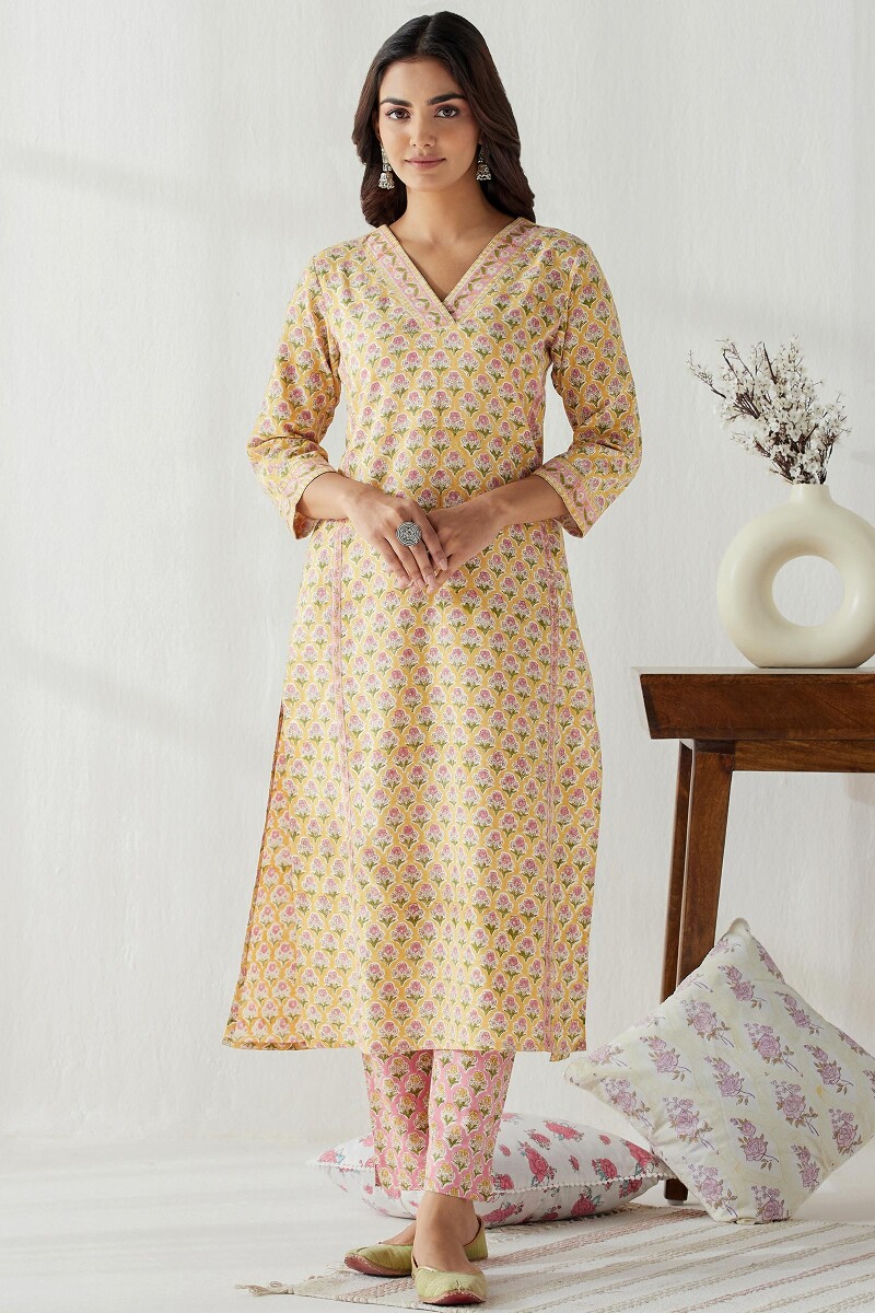 Yellow Hand Block Printed Straight Cotton Flax Kurta